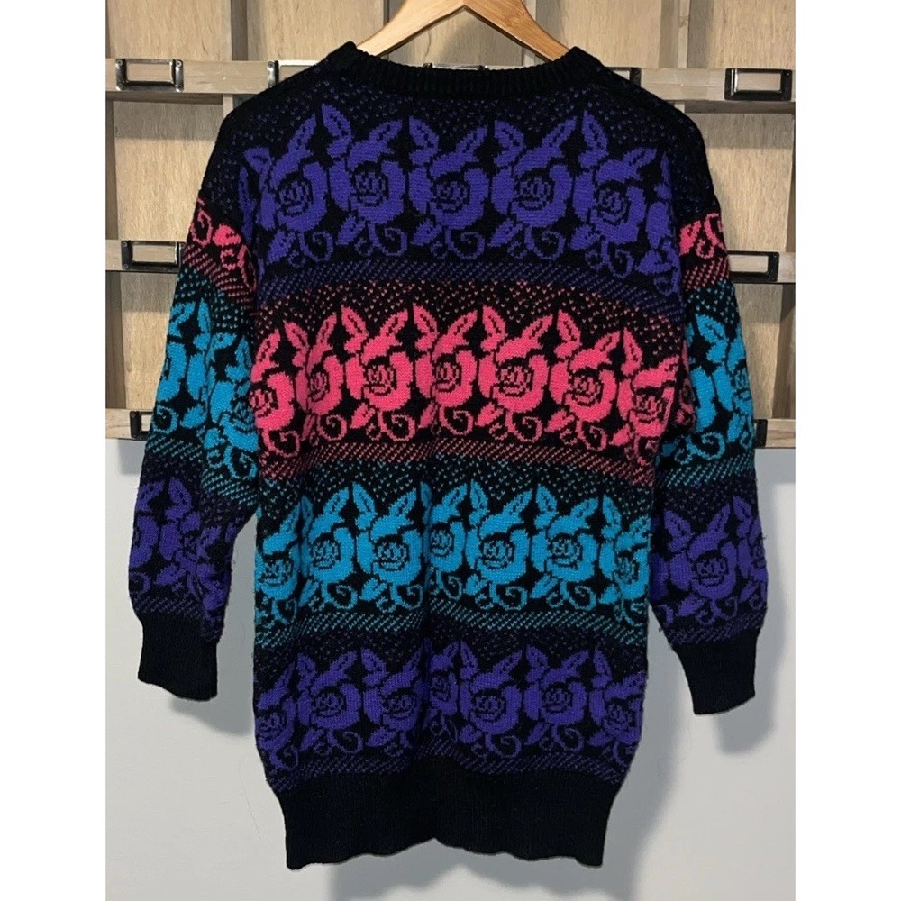 Vintage Rainbow Rose Knit Sweater Women M 3/4 Sleeve Colorblock Floral Y2K - Picture 4 of 11